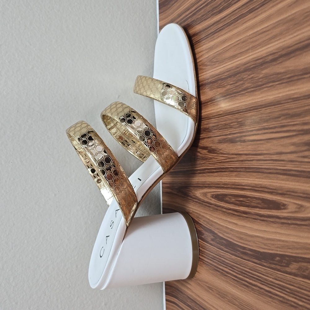 Casadei Atomium White Leather Gold Mule Pumps 90mm Italian Designer Heels Sz 7.5